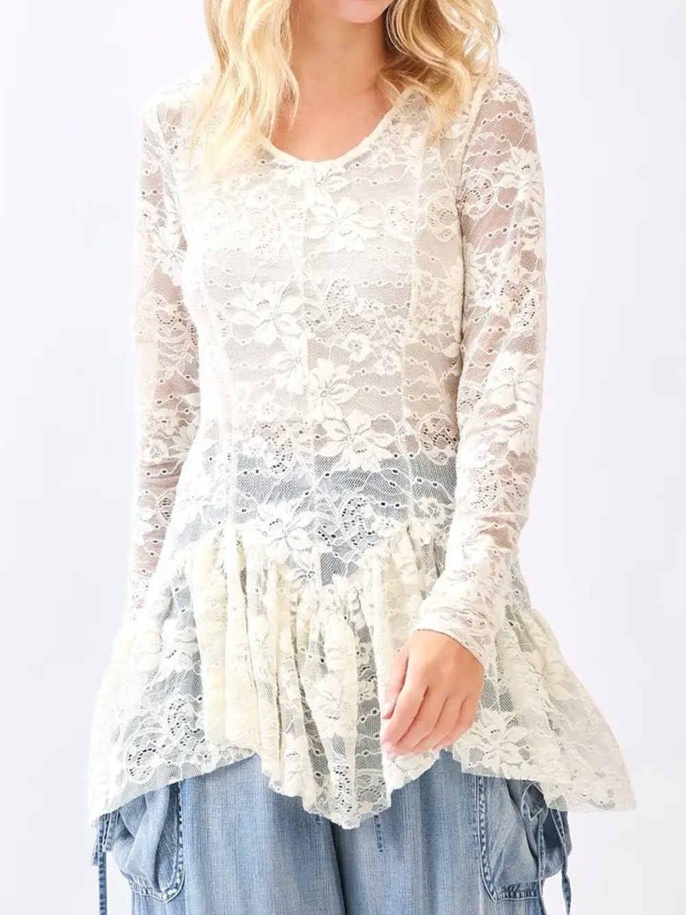 NWOT - Mittoshop Cream Lace Peplum Long Sleeve Top